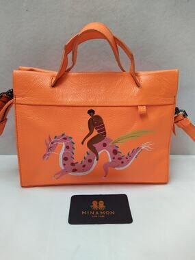 Min & Mon New York Orange Leather Flying Dragon Hand Painting Crossbody Bag
